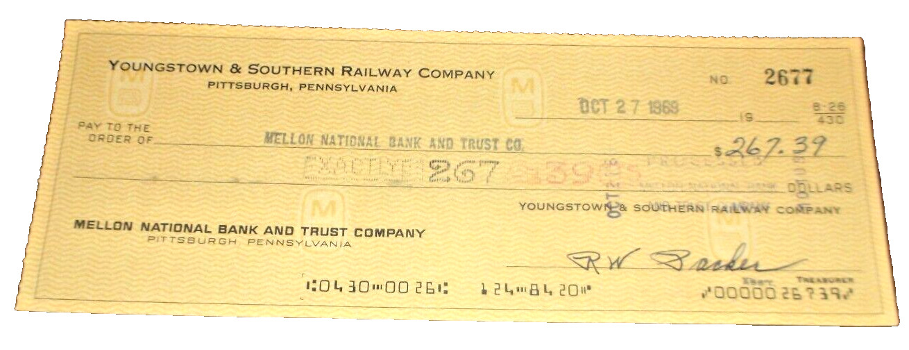 OCTOBER 1969 YOUNGSTOWN & SOUTHERN RAILWAY COMPANY CHECK #2677
