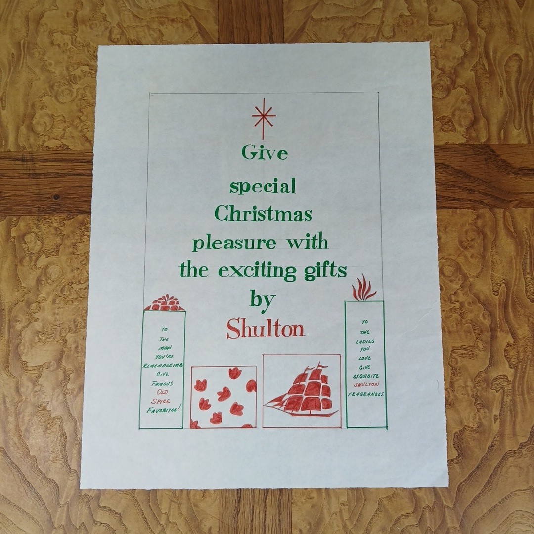 VTG 1960s Original Shulton Old Spice Christmas Holiday Ad Layout Illustration