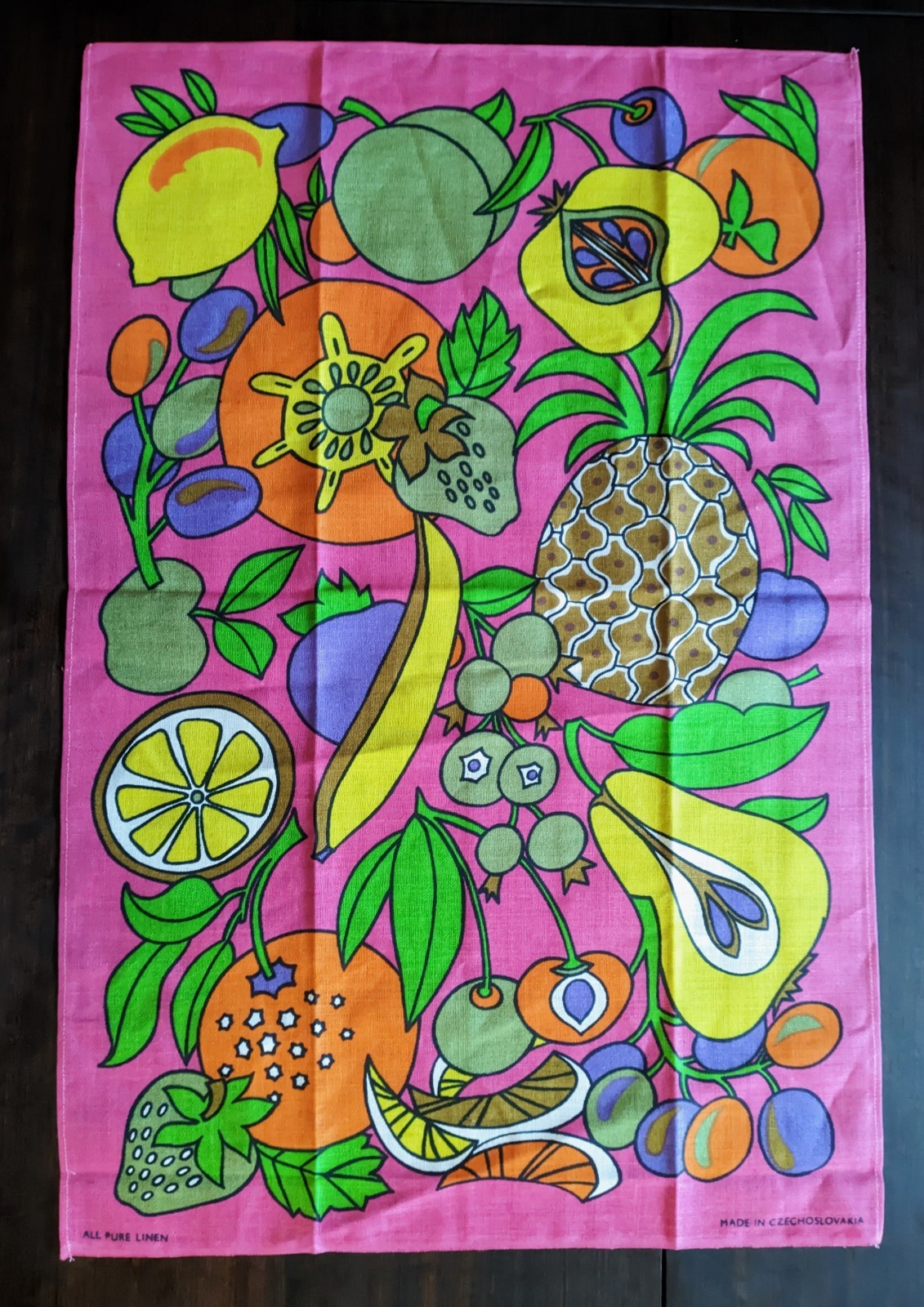 Vintage 1970s Psychedelic Linen Tea Towel Czechoslovakia Retro Ribbon Floral 