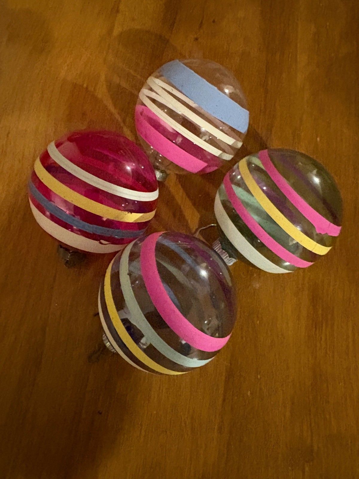(4) large Vintage Shiny Bright unsilvered striped Christmas ornaments 3’’