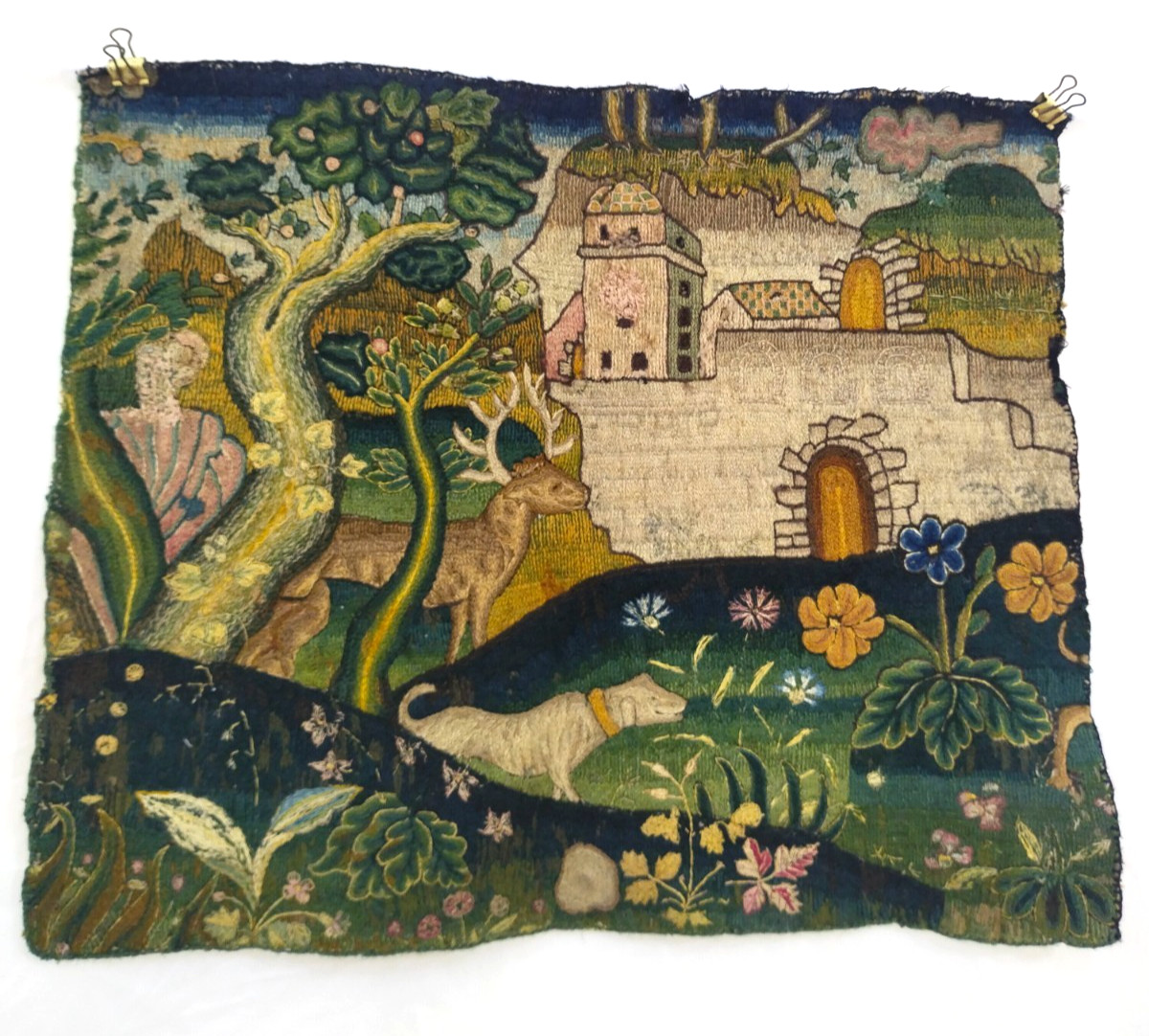 Antique French Hand Stitched Needlework Embroidery Folk Art Wall Hanging