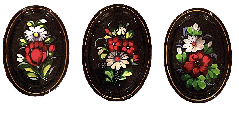 Lot of 3 Vtg Russian Floral Hand Painted Oval Metal Plate Trays Decor Gift