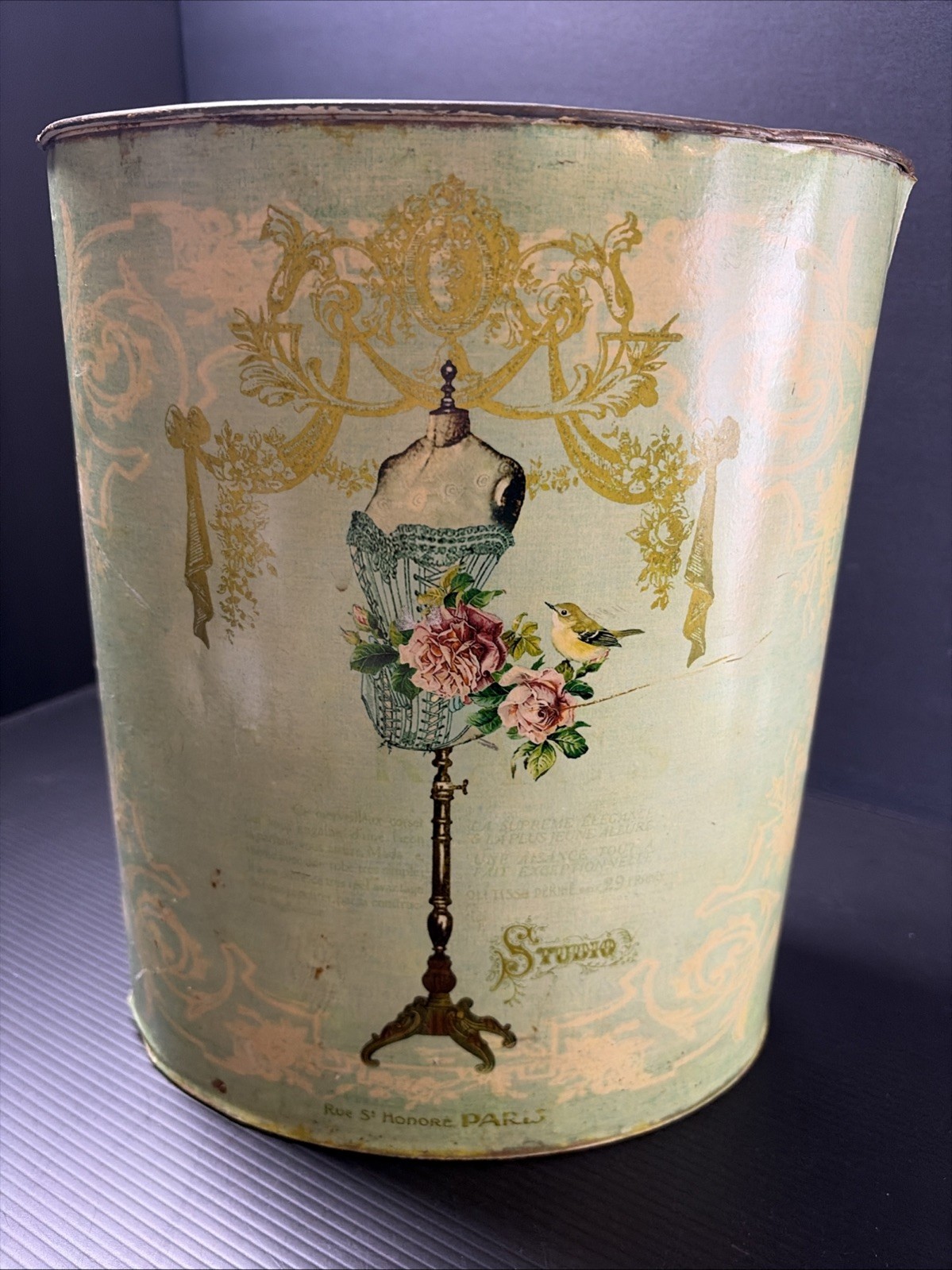 Vtg French Country Shabby Chic Metal Floral Paris Waste Basket Trash Can Green