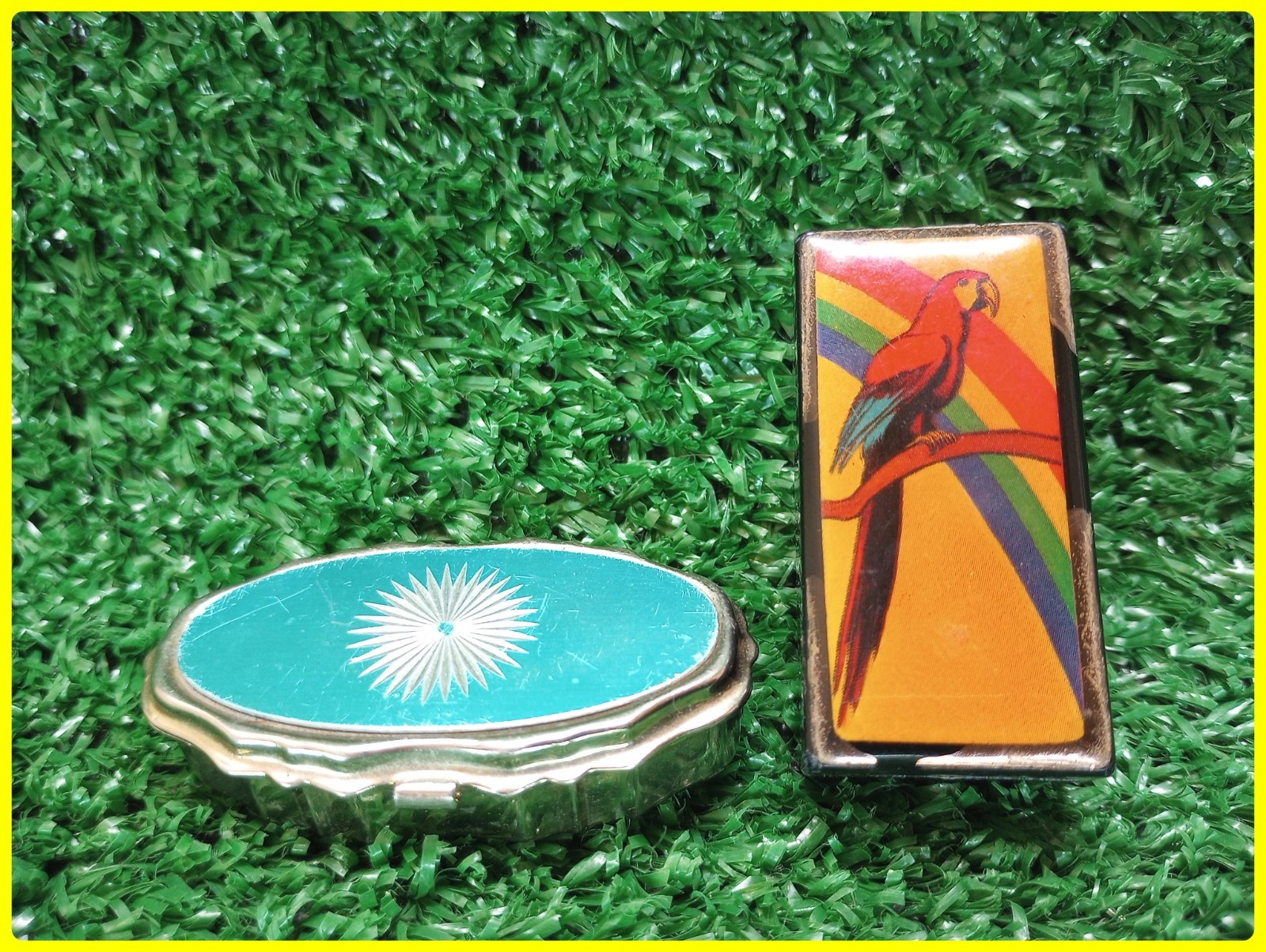 Vintage Pill Box Oval Parrot Rainbow Trinket Silver Tone Hinged Keepsake Cases