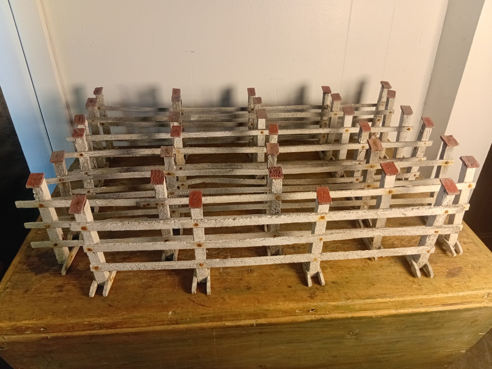 Antique Folk Art Miniature Wood Christmas Tree Fence Original Paint 15ft 1930s