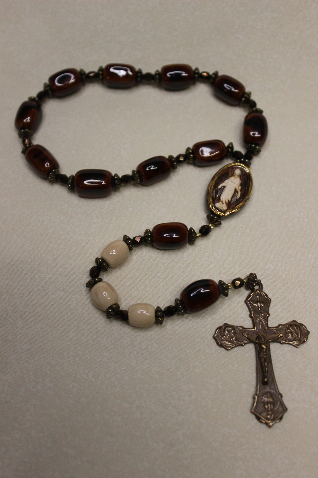 Vintage Handmade Our Lady of Grace Chaplet Rosary Brown Stone Beads Artisan
