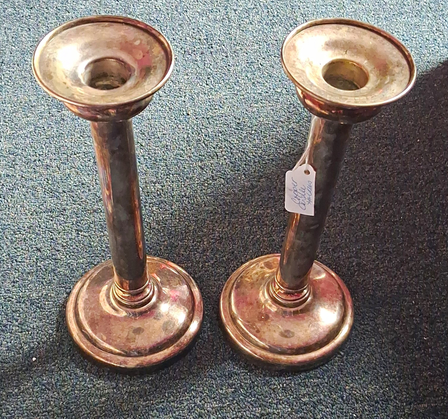 JOS. HEINRICH\'S Pair Copper Taper Candle Holders Engraved Round Vintage