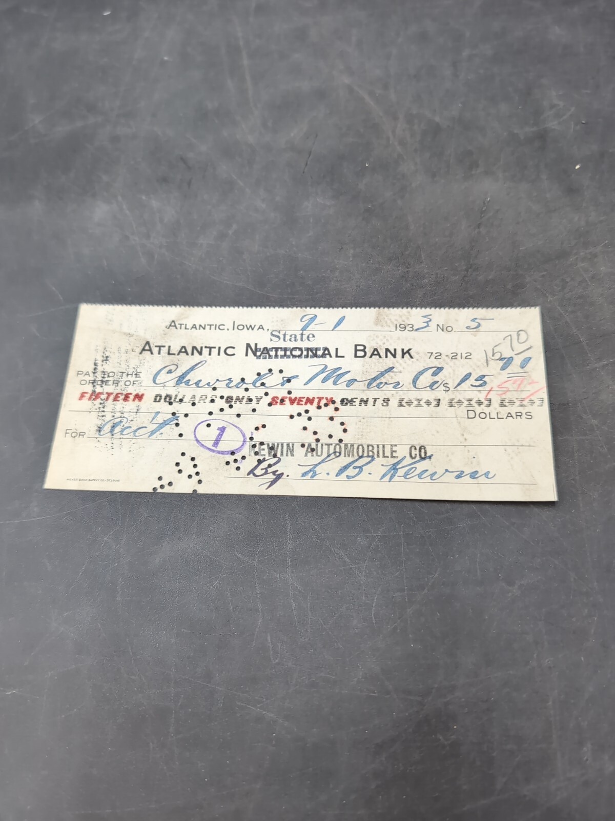 Chevrolet Motor Co Check 1933 Atlantic National Bank Vintage