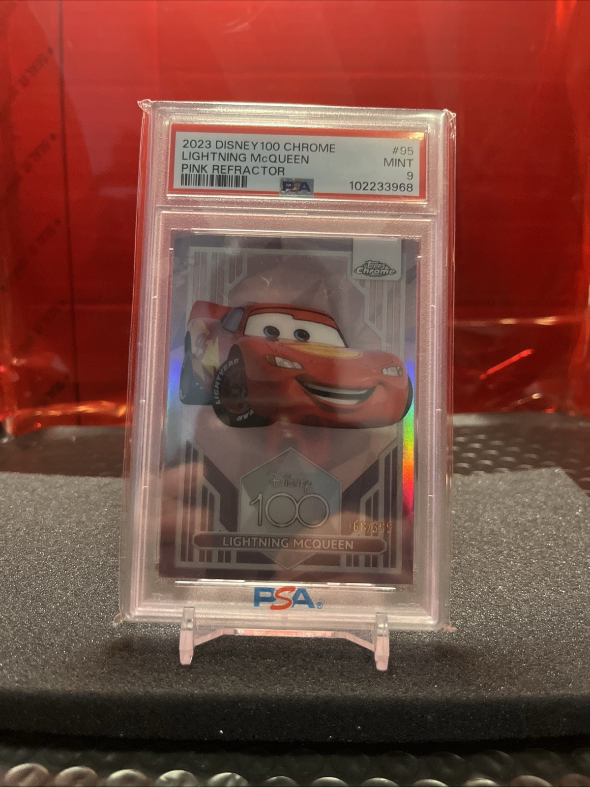 2023 Topps Disney Chrome 100 Lightning McQueen Pink Refractor /399 PSA 9 Mint