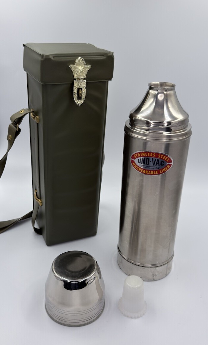 Vintage UNO-VAC Stainless Steel Thermos Union Mfg USA w/ Carry Case Cup Stopper