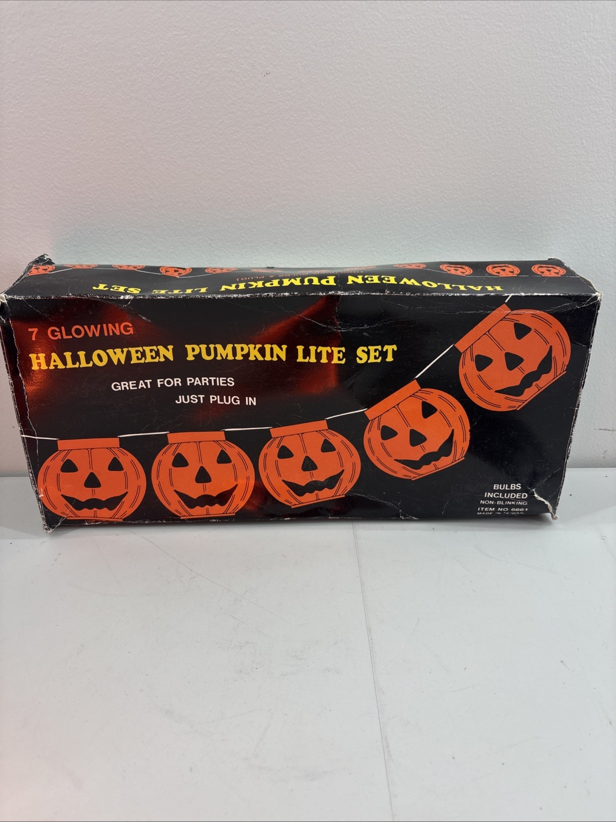 Vintage Blinky Halloween Pumpkin Lite Set 7 Blow Mold String  Lights  Boxed 6661