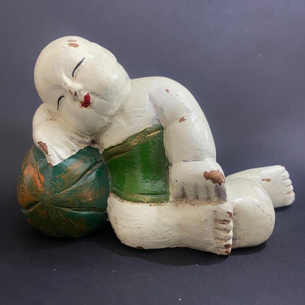 Vintage Hand Carved Wood Sleeping Boy Child Monk Figurine Painted Asian Decor
