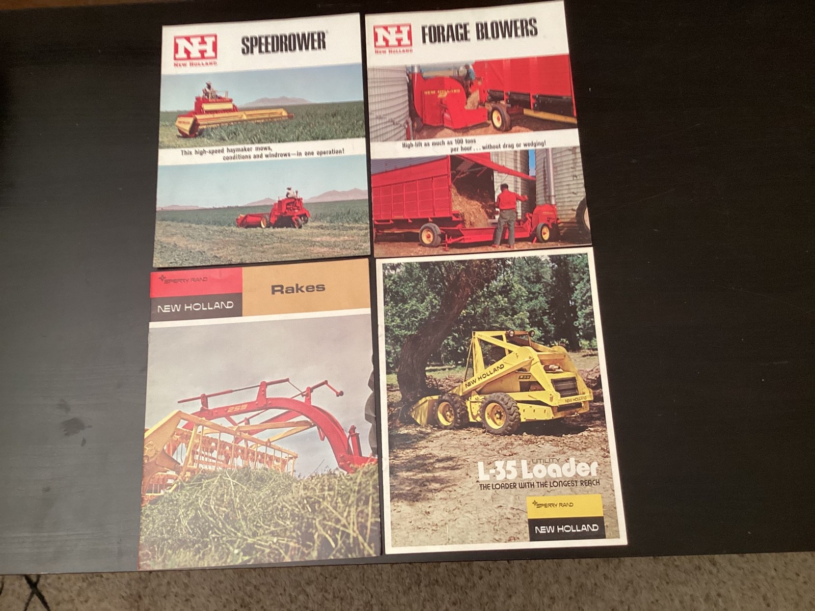 4 Vtg. New Holland Equipment Brochures:  L-35 Loader, Rakes, Speedrower, Blowers