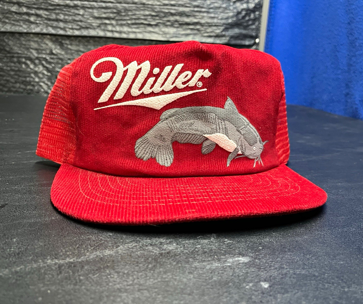 Vintage Deadstock Miller Corduroy Snapback Trucker Hat Cap with Catfish 