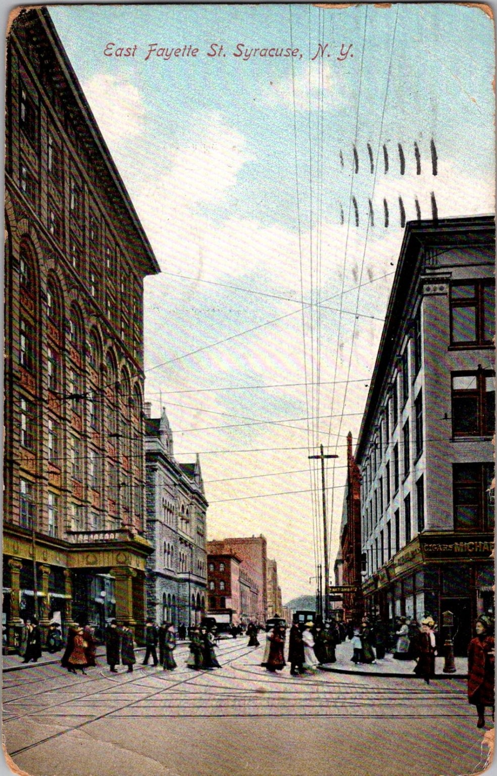 1909 East Fayette St Syracuse NY Postcard Busy Street Trolley Wires