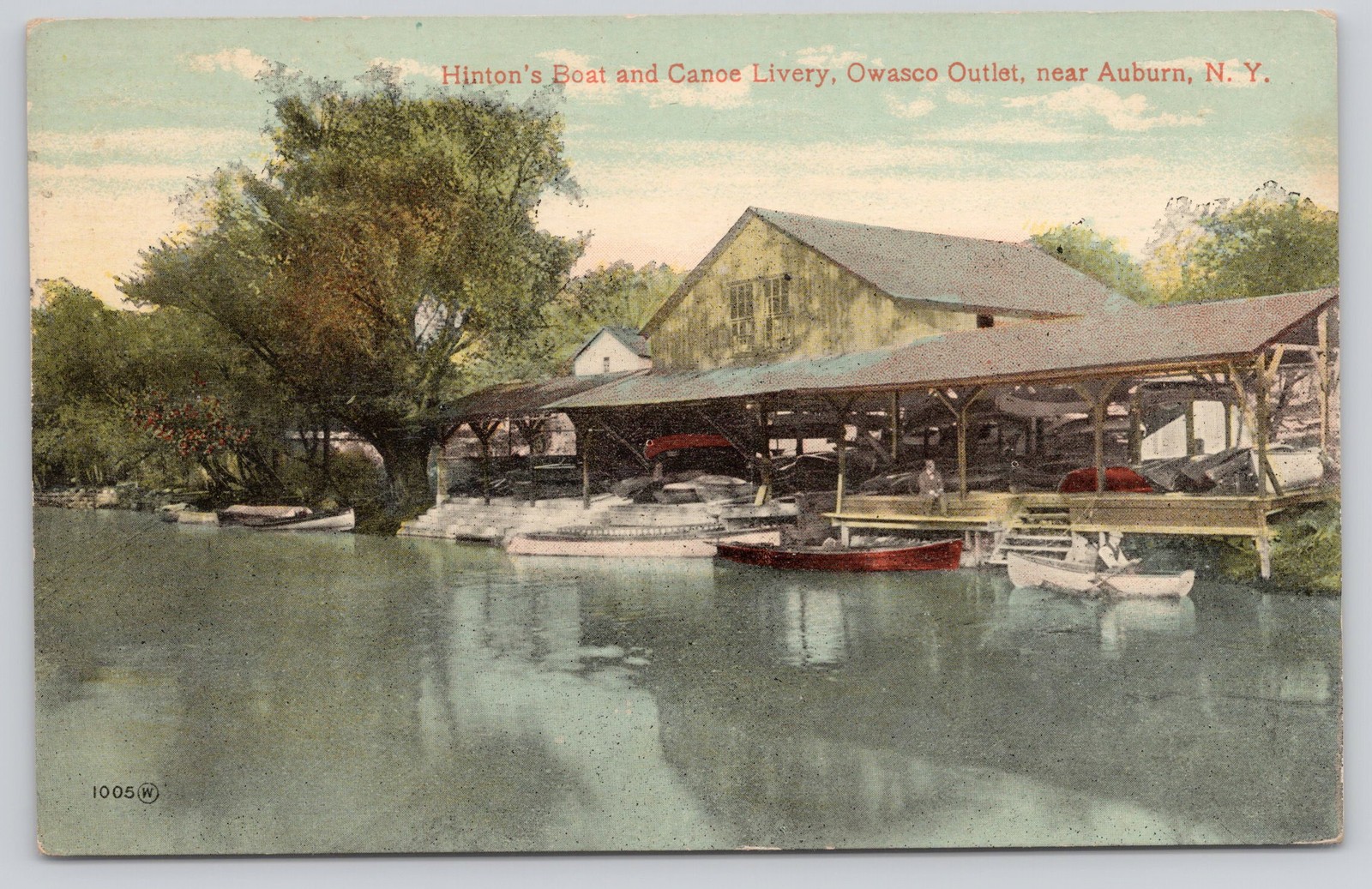 Hinton's Boat Canoe Livery Owasco Outlet Auburn NY 1914 Postcard