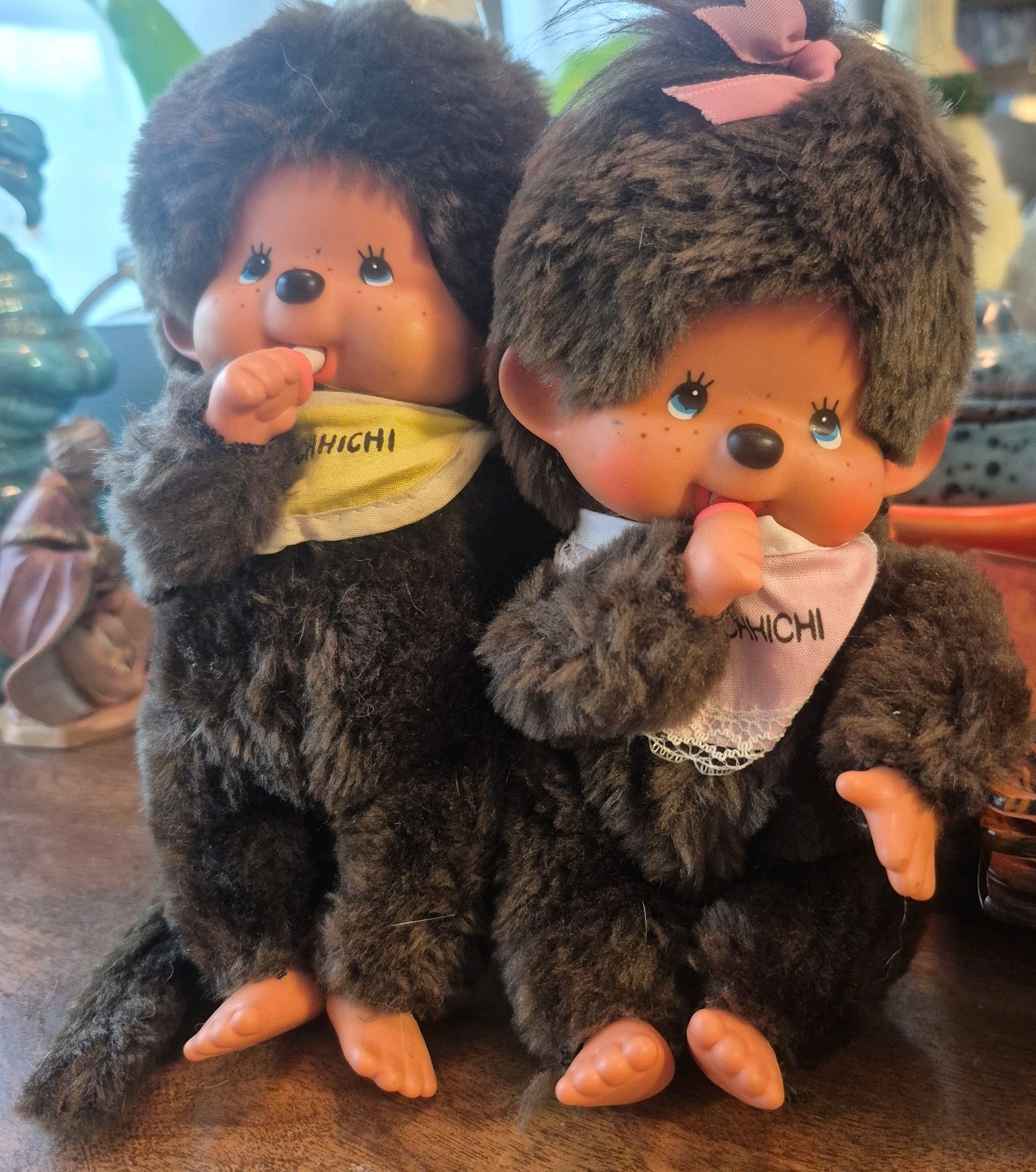 Vintage 70s-80s Monchhichi PAIR Sekiguchi Boy & Girl 8 inch W Original Bib