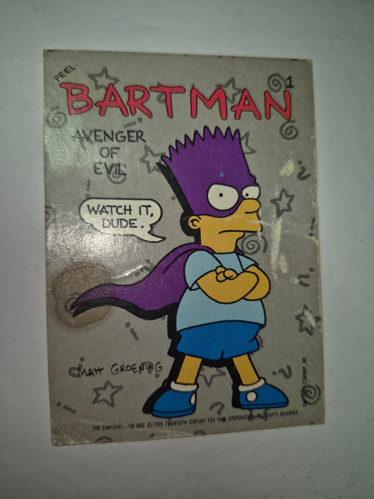 Bartman 1990 Topps The Simpsons Sticker #1 Avenger of Evil Bart Simpson *read*