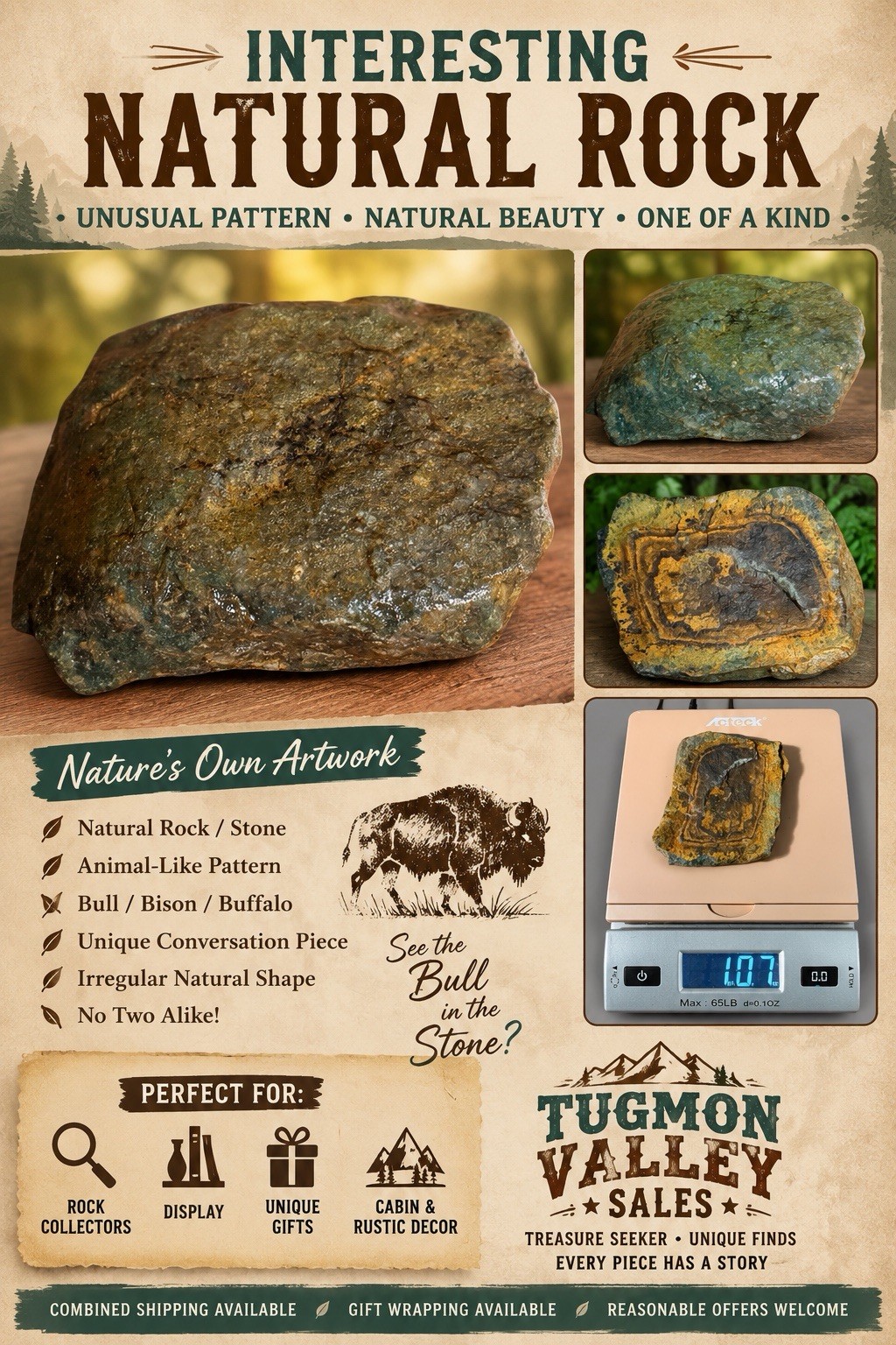 Interesting Unusual Natural Rock Stone Bull Bison Pattern Oddity 1 lb 0.7 oz