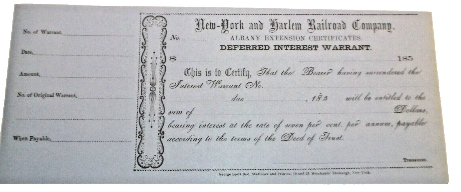 1850 NEW YORK AND HARLEM RAILROAD NYC ALBANY EXTENSION DEFERRED INTEREST WARRANT