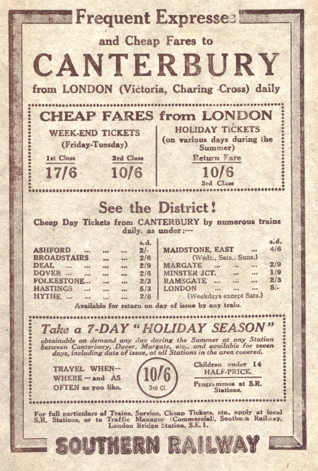 1920s Vintage Advert for SOUTHERN RAILWAY -Expresses & Cheap Fares to CANTERBURY