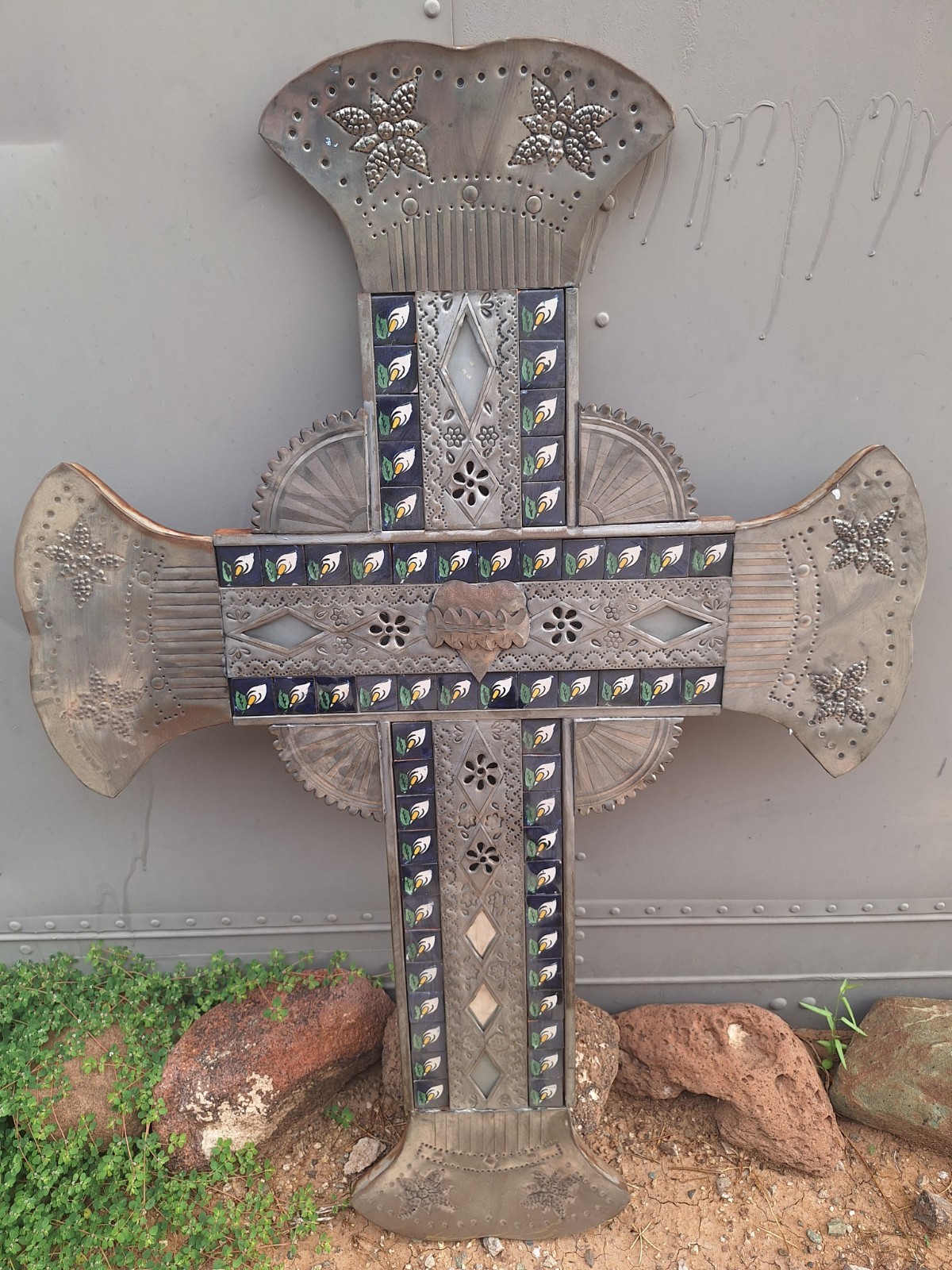 Vintage Large Mexican Folk Art Tin Tile Lilly Flower Religious Cross Heart Vintage Large Mexican Folk Art Tin Tile Lilly Flower Religious Cross Heart