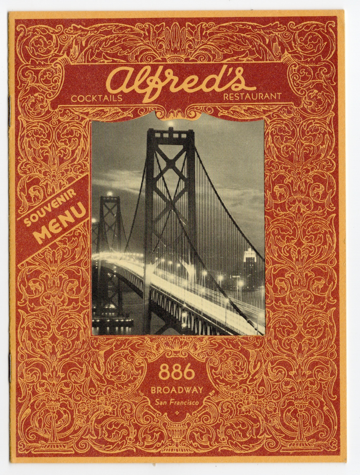 Vintage 1966 Alfred's Restaurant Souvenir Menu San Francisco Bay Bridge Postcard