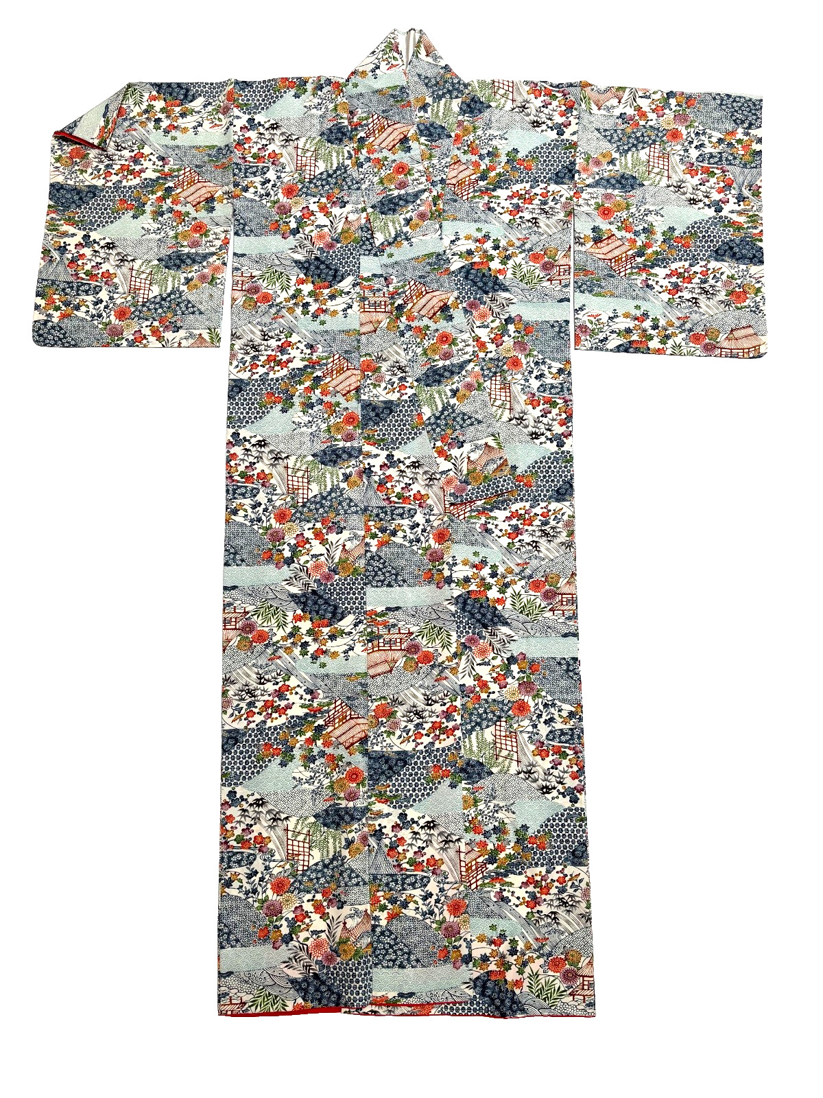 Authentic Vintage Japanese Scenes Kimono. Handmade. Blue/Multi. See Measurements