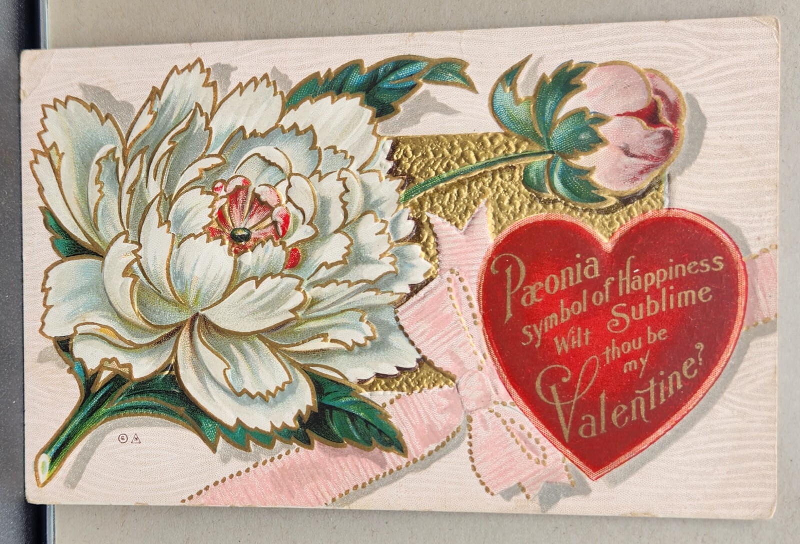 1910 Beautiful Embossed Valentine Postcard Paeonia Symbol of Happines Lithograph
