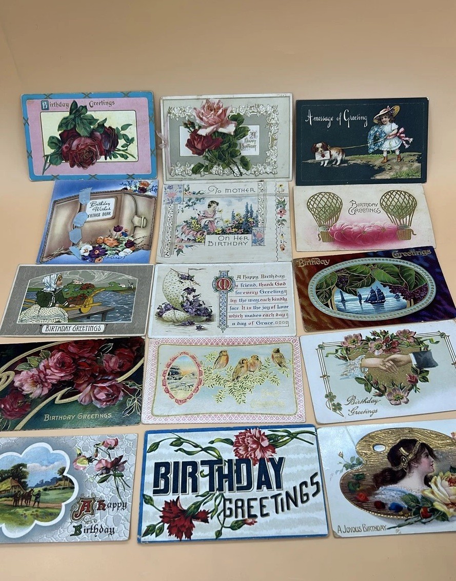 Lot of 14 Birthday Greeting Postcards Floral Embossed Early 1900. Vintage.