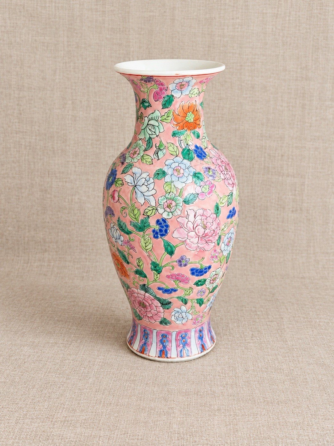 Vintage Chinese Famille Rose Millefleurs Pink Porcelain Vase 12” Floral Export