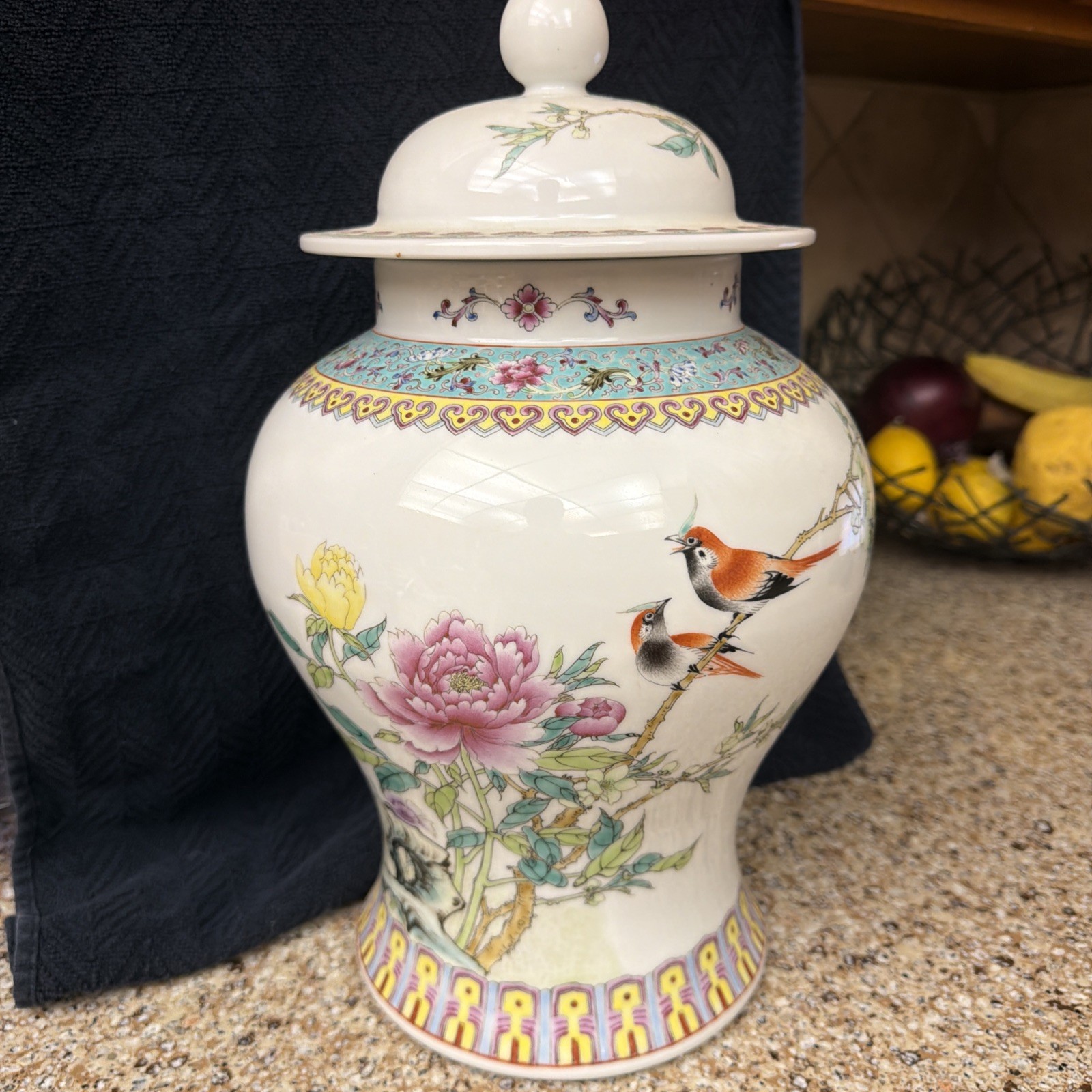 Large VTG Chinese Famille Rose Porcelain Ginger Jar w/ Lid – Peonies & Songbirds