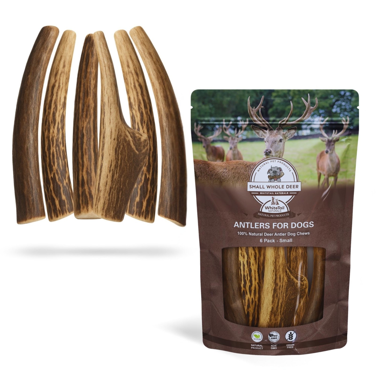 WhiteTail Naturals 6 Pack Whole Deer Antlers for Dogs, Small 4-6 Inch | Long ...