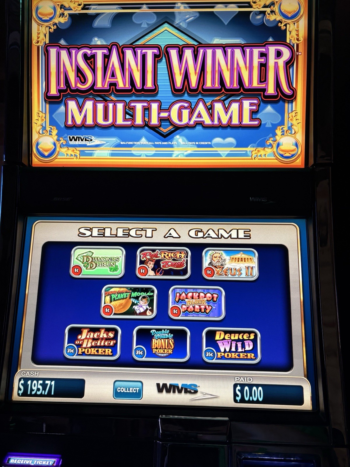 WMS BB2 MULTI GAME (8) SLOT MACHINE GAME CHEST INVADERS ZEUS 2 JACKPOT PARTY FUN