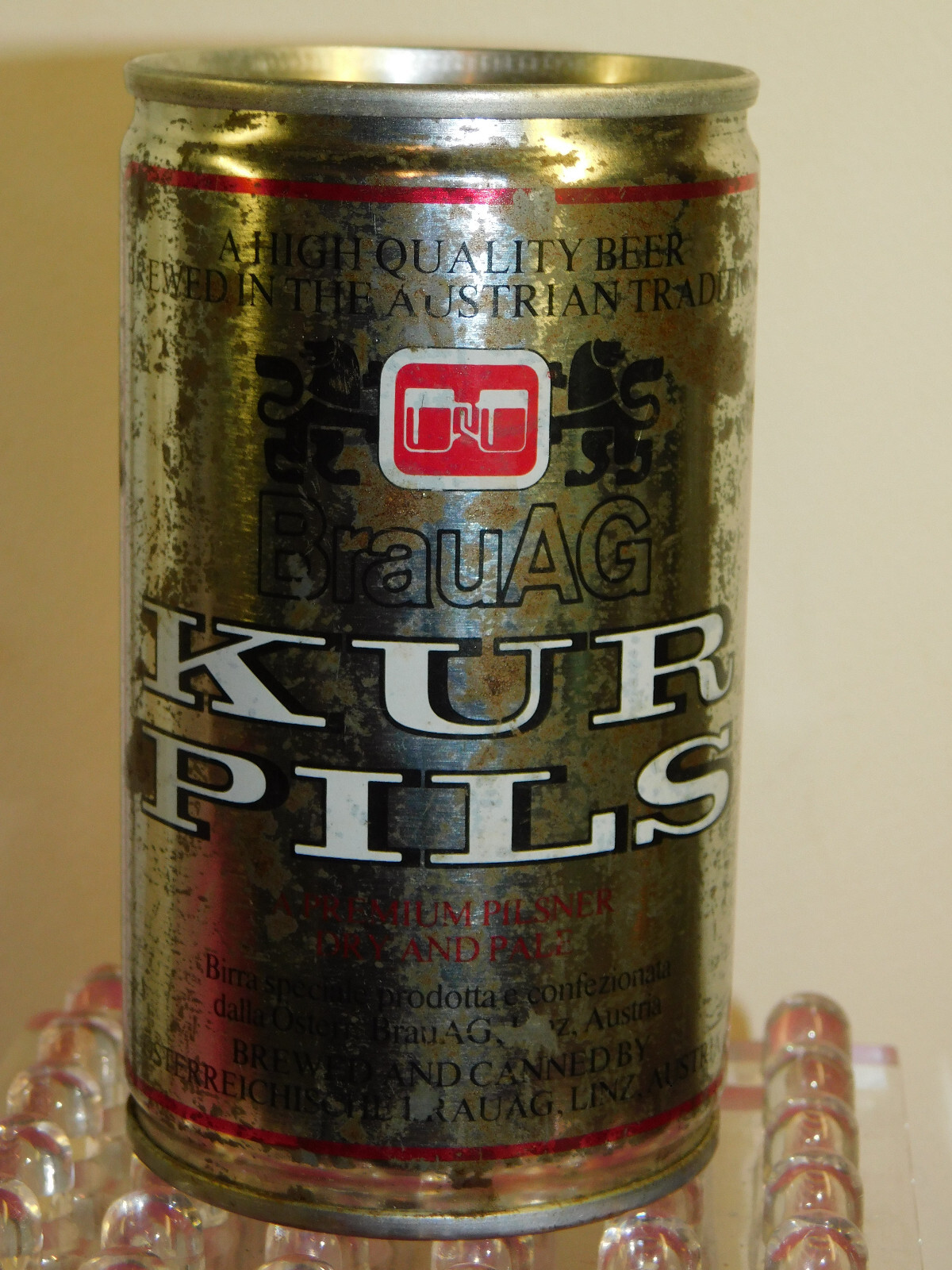BrauAG KUR PILS PREMIUM PILSNER - 11 flo oz Rare RED & WHITE BEER CAN 1970\'s