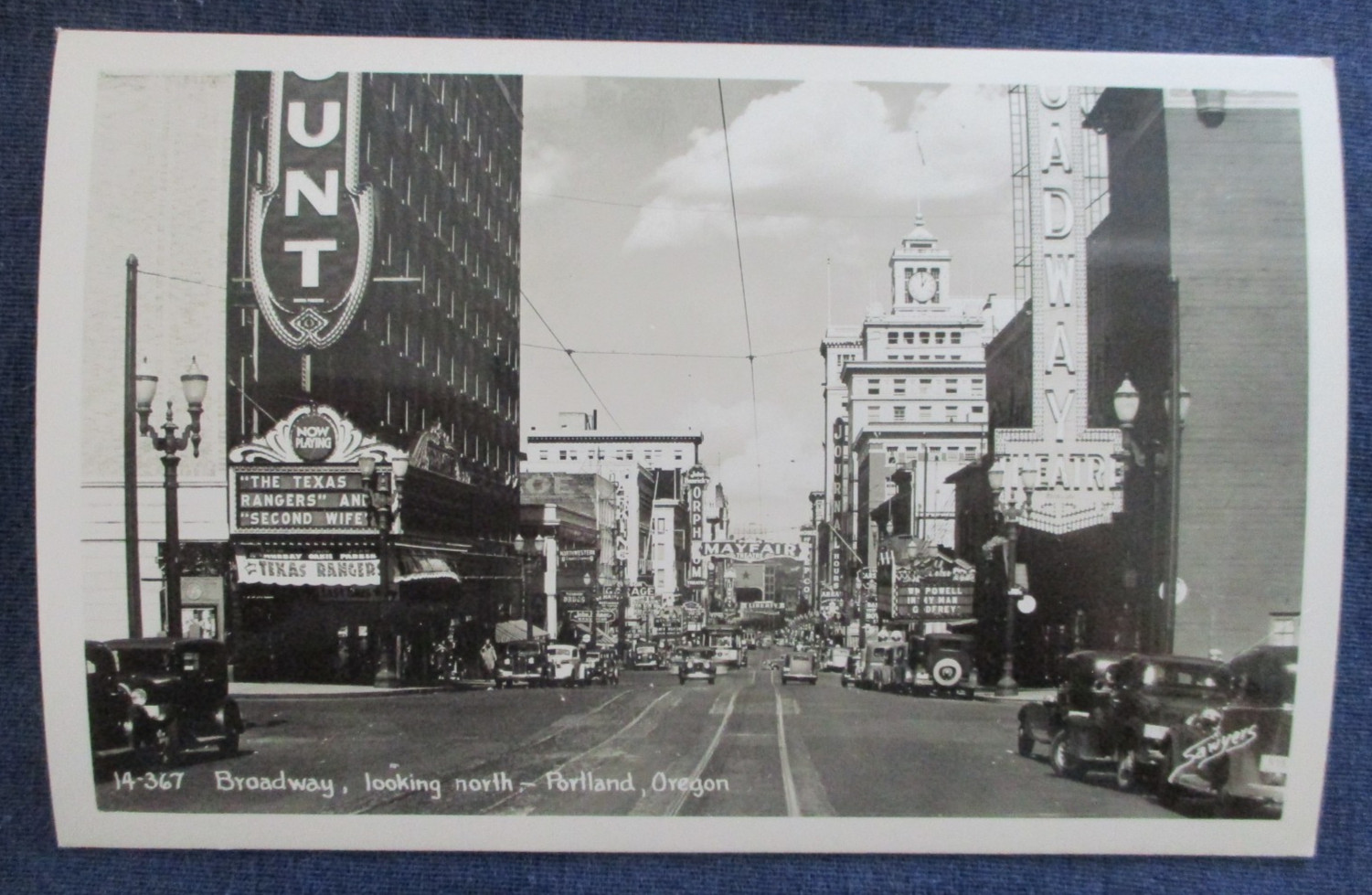 RPPC Portland Oregon Downtown Street Scene Movie Theaters 1940s Postcard