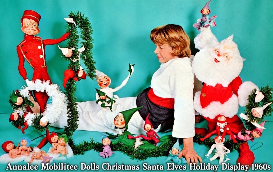 Annalee Mobilitee Dolls Christmas Santa Elves Holiday Display 1960 Fridge Magnet