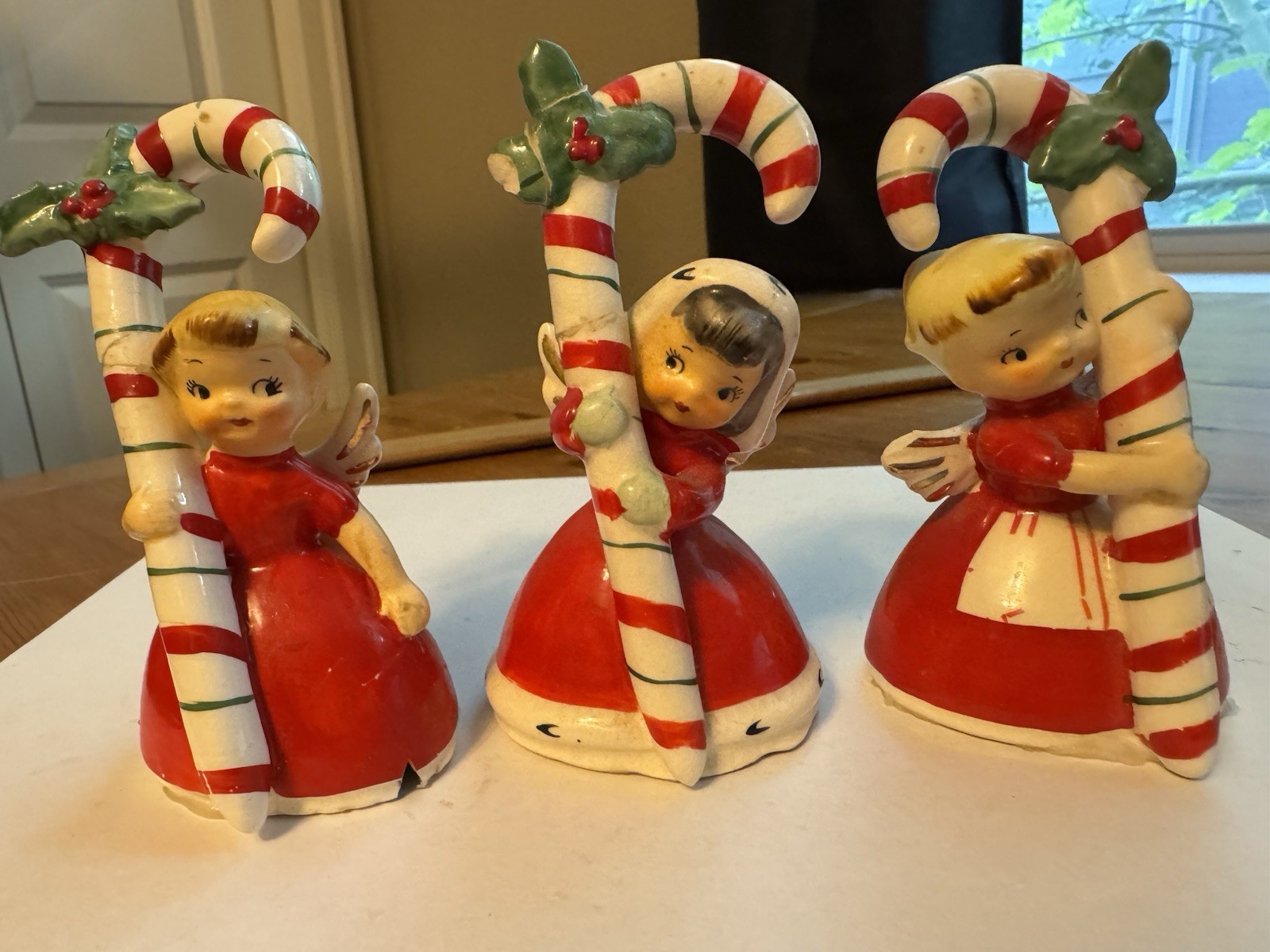 Vintage Napco Ceramic Christmas Angels With Candy Cane Bells
