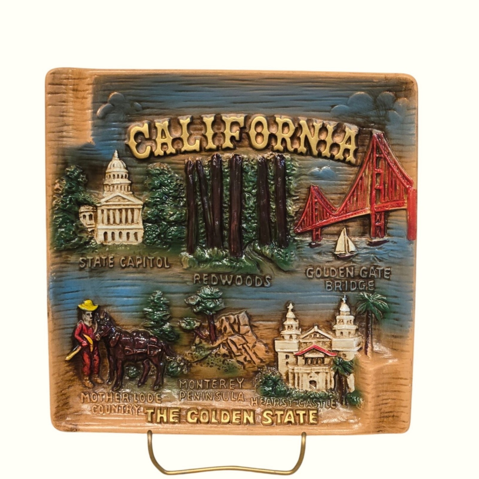 Vintage California Souvenir Wall Plaque Japan 3D Golden Gate Redwood Relief 1950