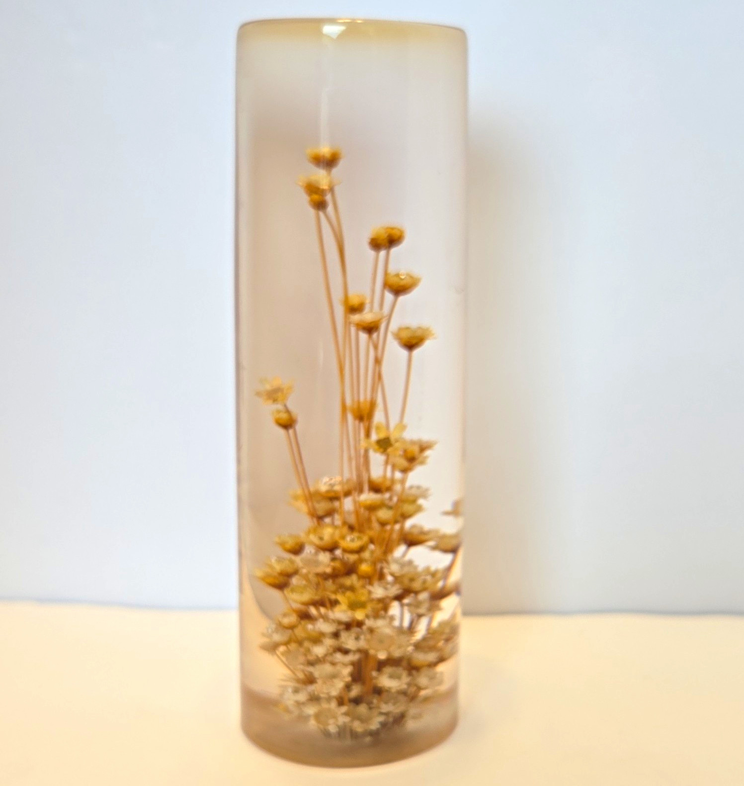 Vtg 1970s Lucite Resin Flower Cylinder Paperweight Fall Harvest Wheat Color 6\