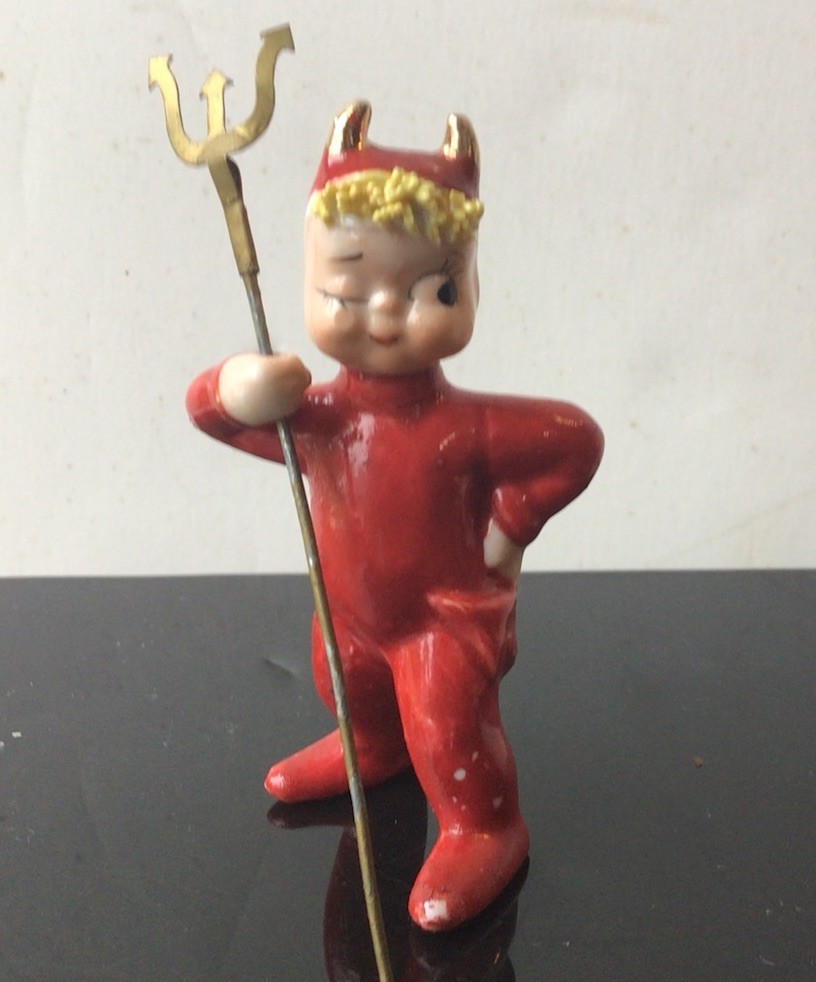 Vintage LEFTON 1950s Ceramic Red Devil W PITCHFORK Figurine Japan 3 Inch