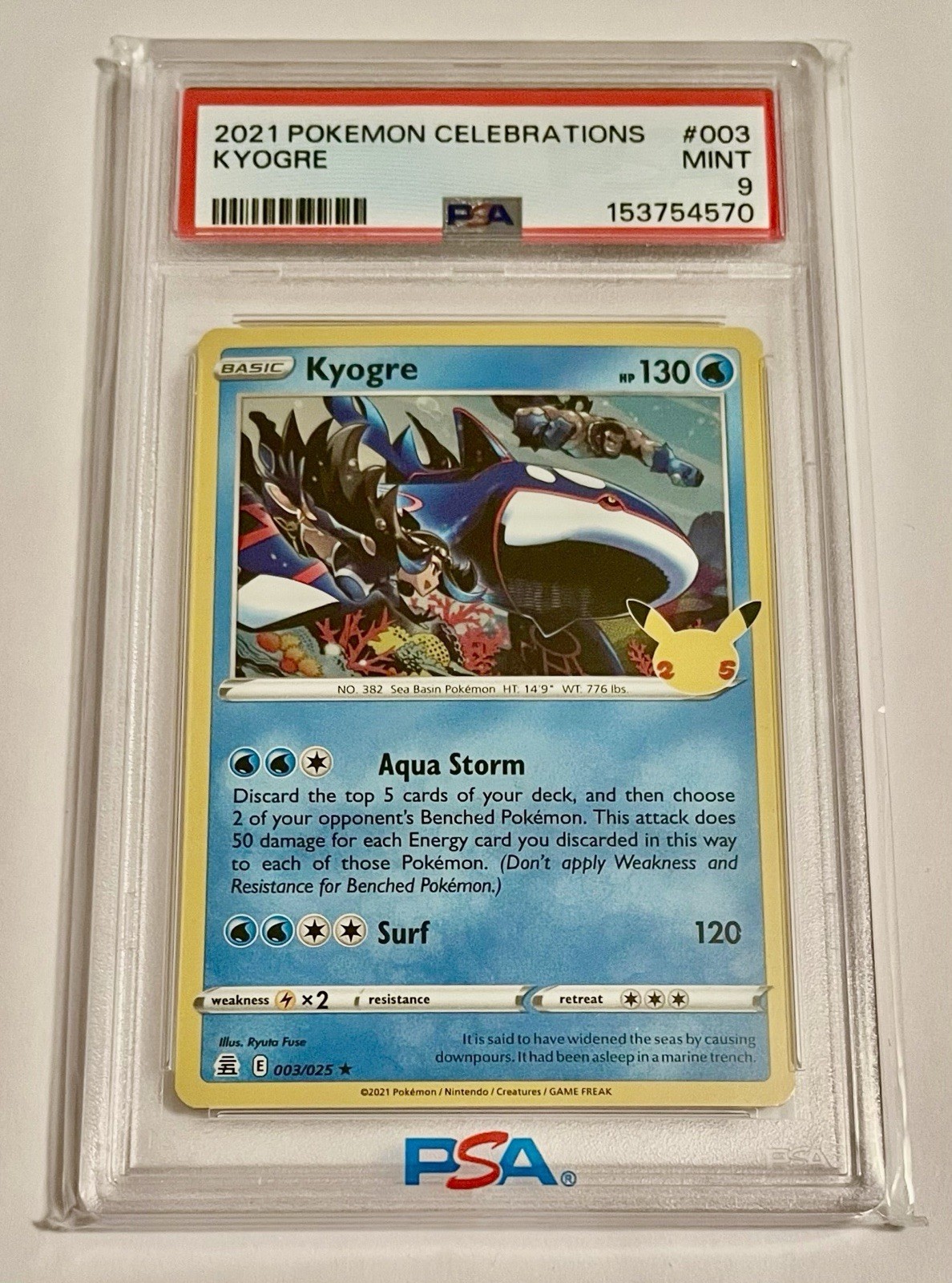 PSA 9 Kyogre #003 Pokémon Celebrations 25th Anniversary 2021 MINT Trading Card