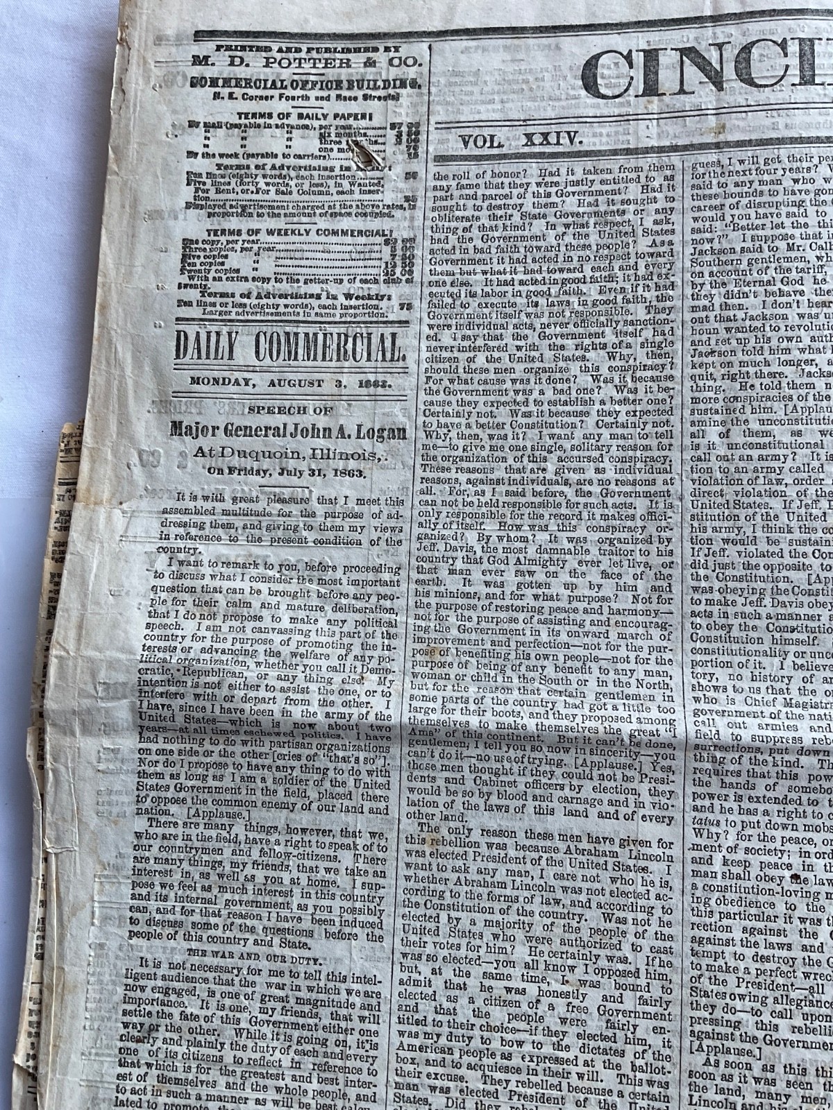 CIVIL WAR NEWS GENERAL JOHN LOGAN’S SPEECH DUQOIN ILLINOIS DAILY COMMERCIAL 1863