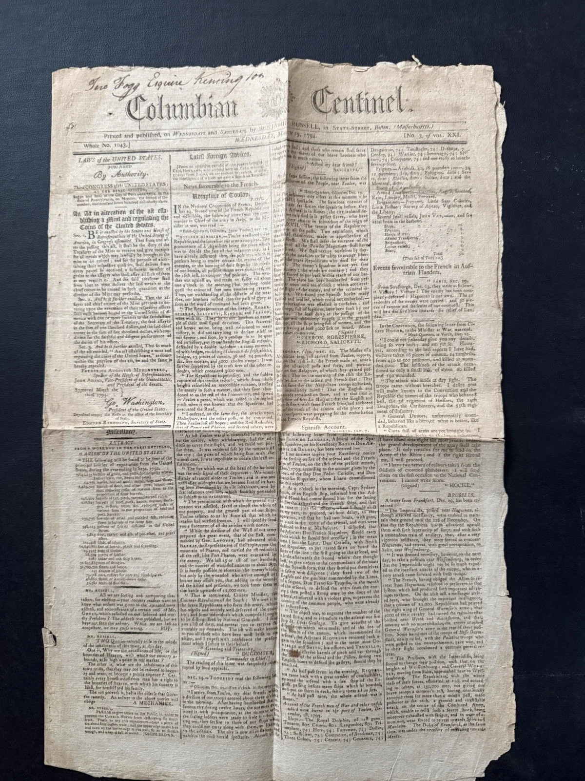 Columbian Centinel Newspaper, March 19, 1794