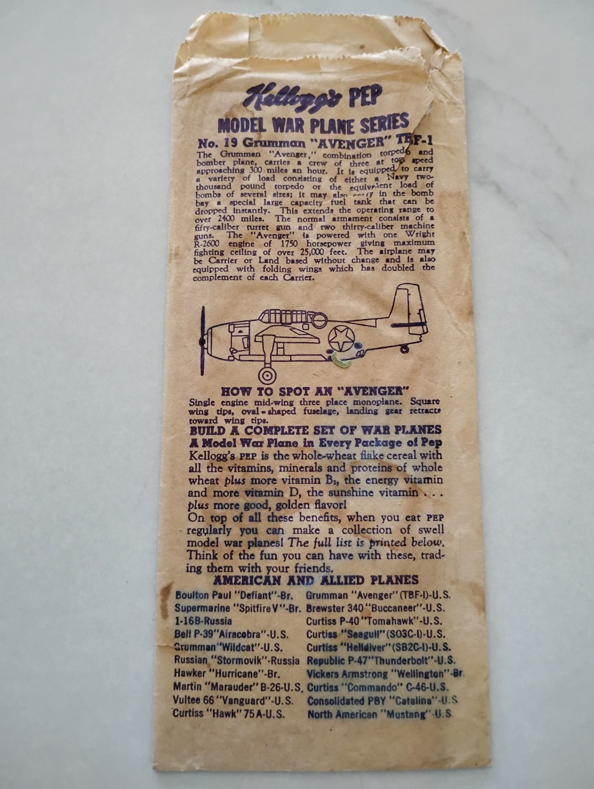 Vintage 1942 WWII Kellogg's PEP Premium Model War Plane Series #19 Grumman Aveng