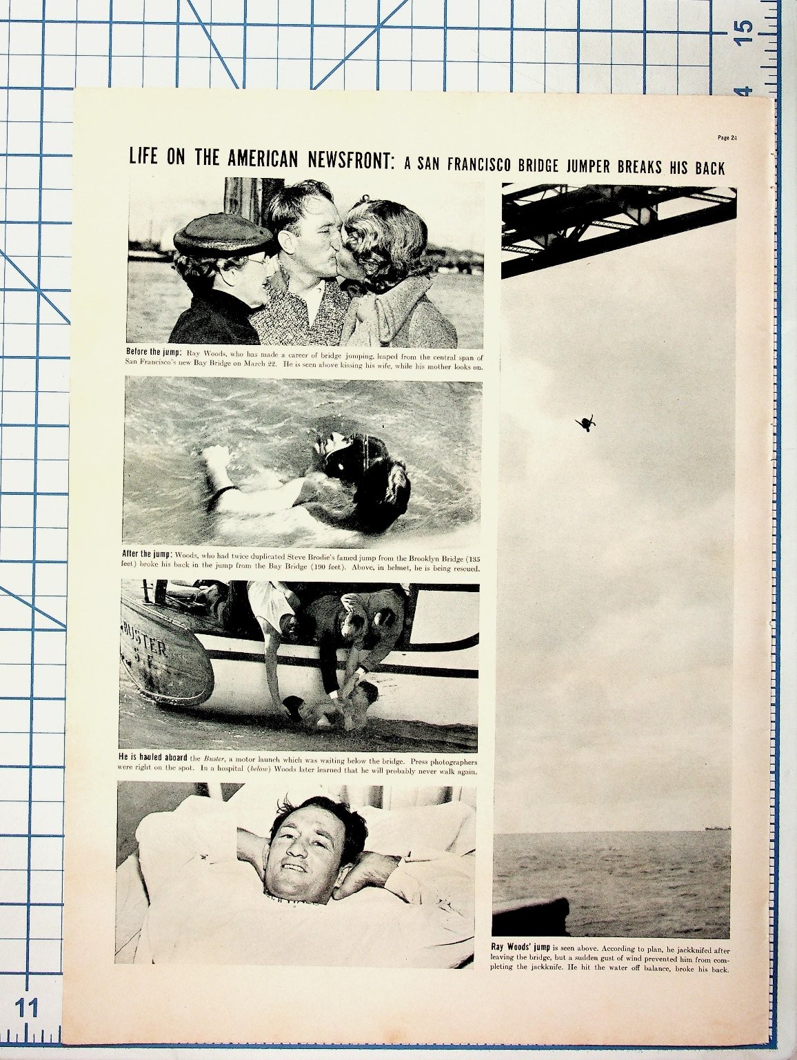 1937 San Francisco Bay Bridge Jumper Ray Woods Breaks Back Magazine Page