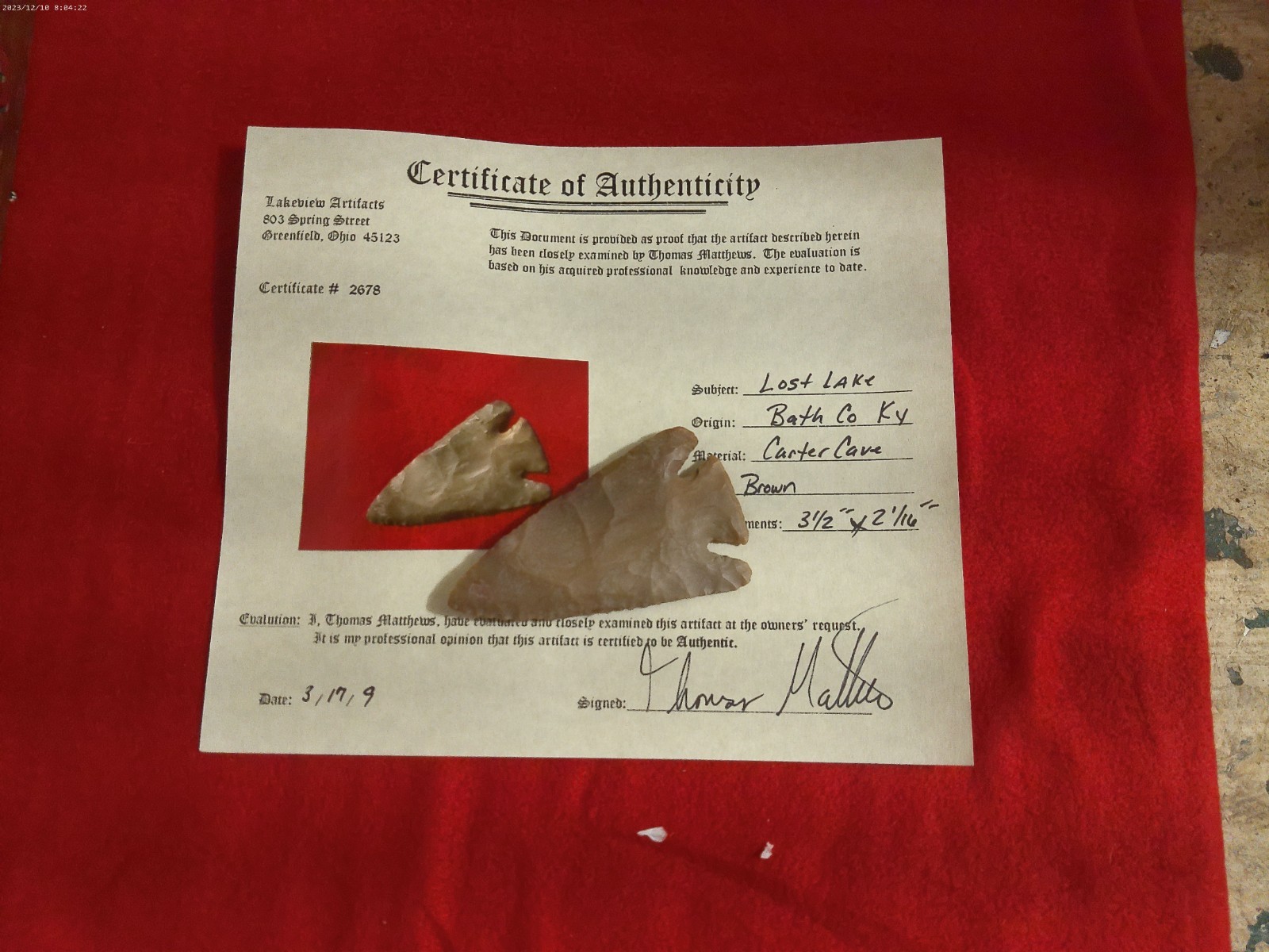Kentucky Lost Lake Arrowhead - Authentic Indian Artifact with COA