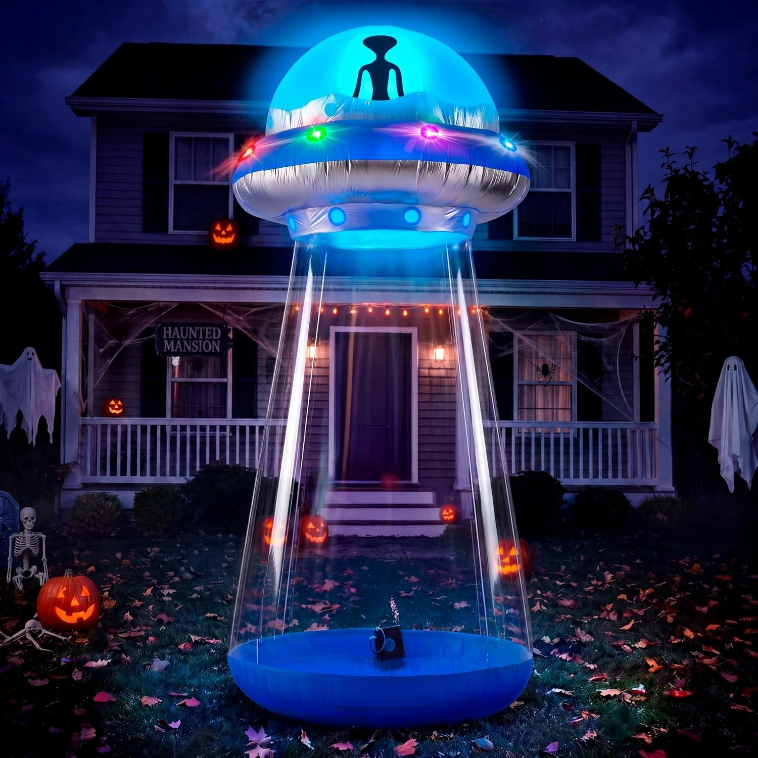 9 FT Tall Halloween Inflatable UFO Outdoor Decoration, Blow Up Blue Flat Rim UFO