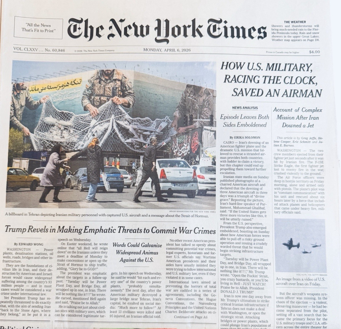 The New York Times Newspaper April 6 2026 Complete Print Paper UNREAD NYT