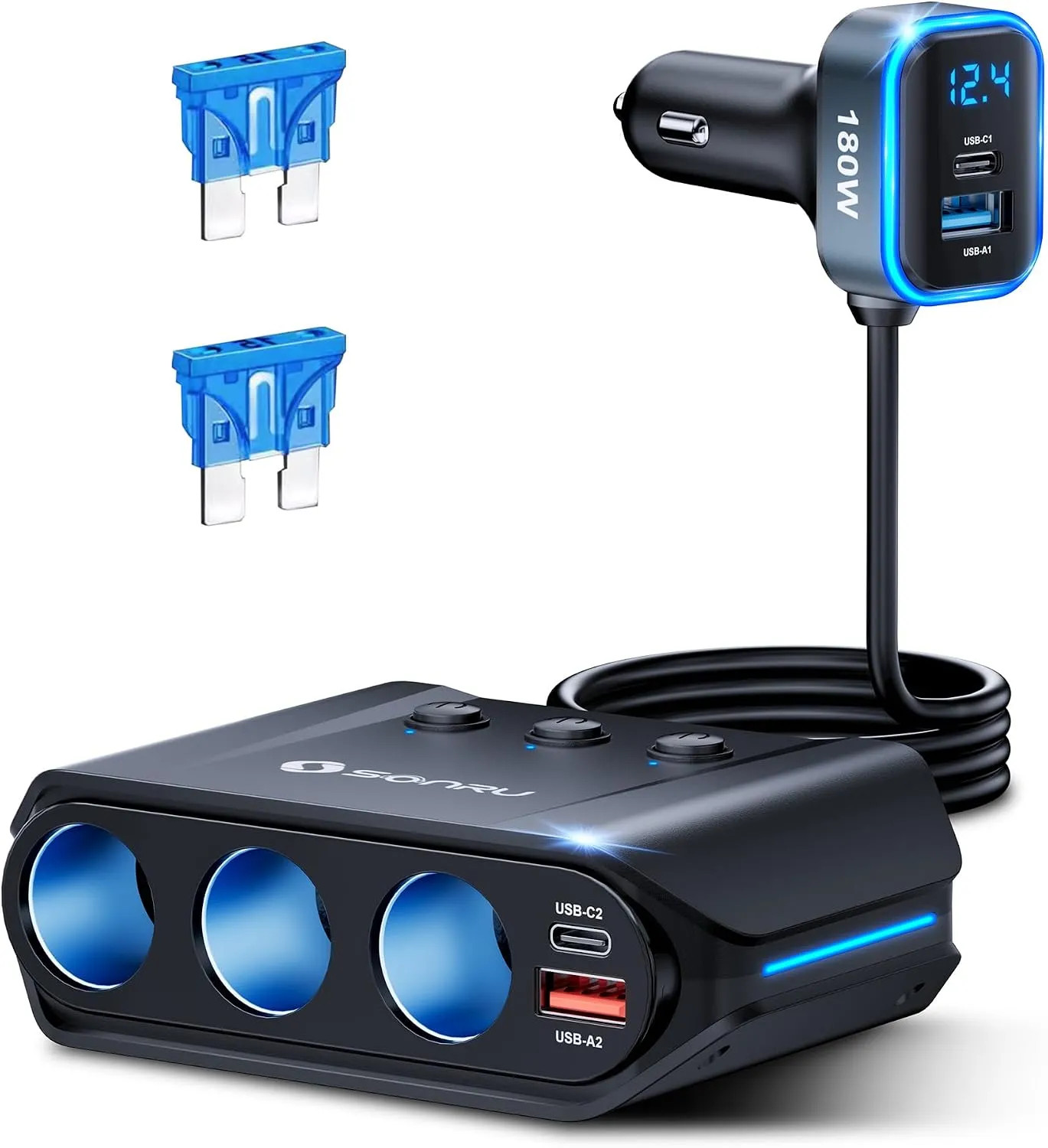 7 In 1 Car Cigarette Lighter Splitter 180W Adapter Dual PD QC3.0 Fast Charger...